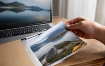 Hand die een fotoafdruk uit verpakking haalt naast een laptop, bij daglicht