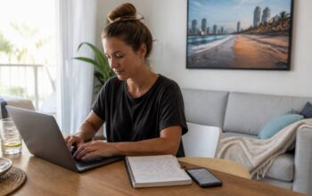 Iemand die met een laptop reisopties vergelijkt met een notitieboek voor een vakantiechecklist