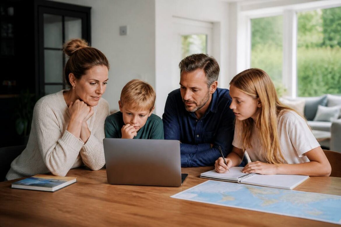 Gezin vergelijkt vakantieopties aan een tafel met laptop en notitieboekje