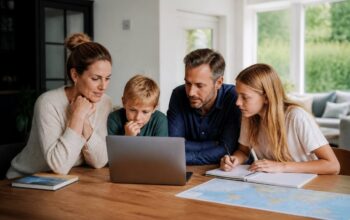 Gezin vergelijkt vakantieopties aan een tafel met laptop en notitieboekje