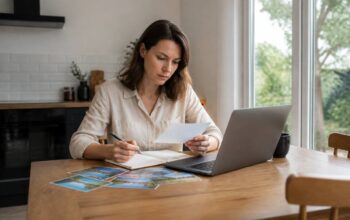 Iemand vergelijkt reisopties op een laptop en maakt notities voor de vakantie