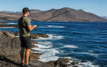 Sportvisser aan de rotskust van Lanzarote met hengel en helder zeewater