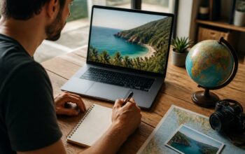 Vakantie vergelijken met laptop en reisnotities aan tafel, natuurlijk licht