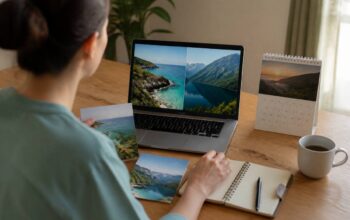 Iemand vergelijkt vakantieopties aan een keukentafel met laptop en papieren reistips