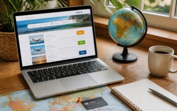 Reizen en vakanties vergelijken op een laptop met wereldkaart en notitieboek
